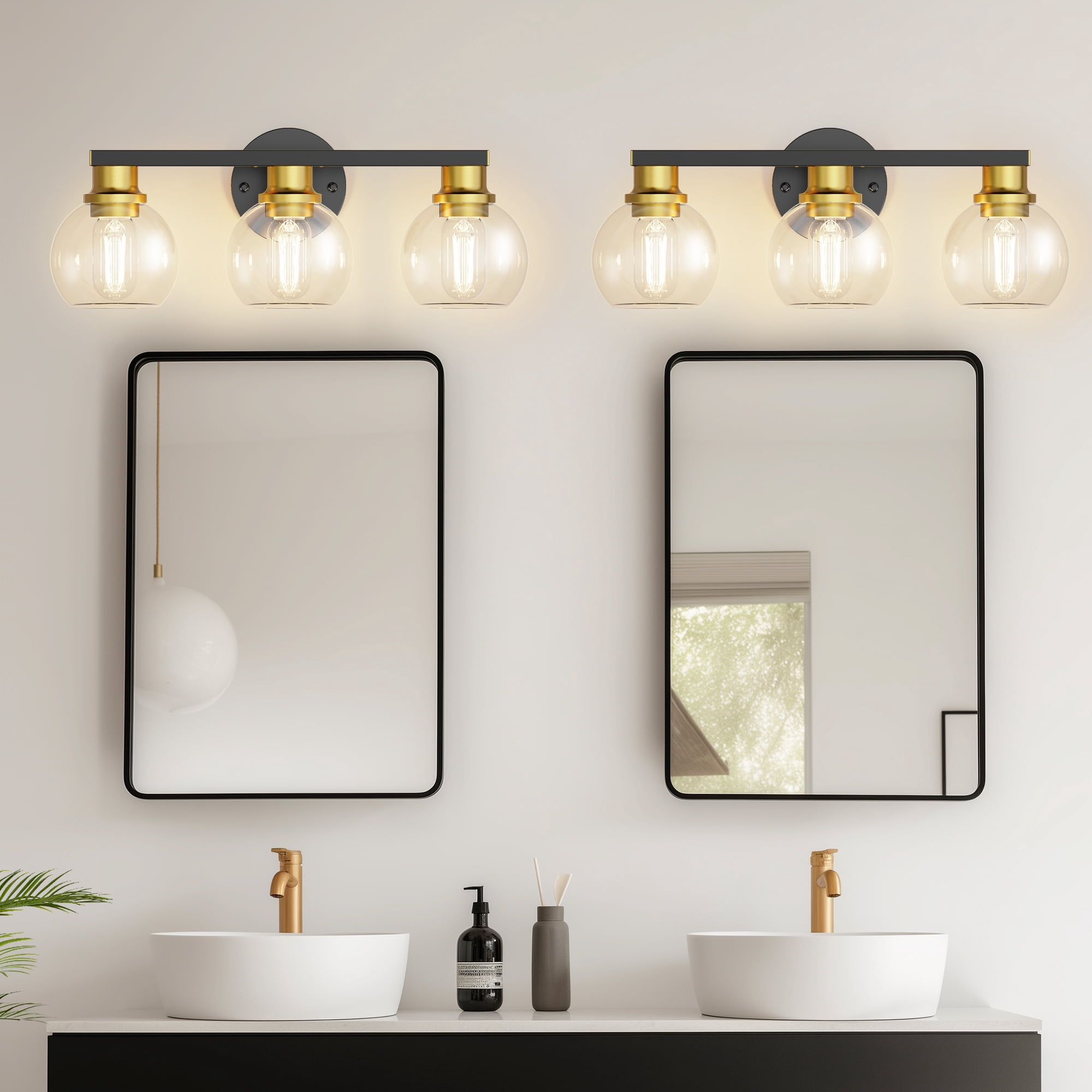 YANSUN 18.9 in 3-Light Black and Gold Bathroom Vanity Light, LED Interior Powder Room Lighting with Clear Globe Shades, for Bathroom, Powder Room, Vanity Table