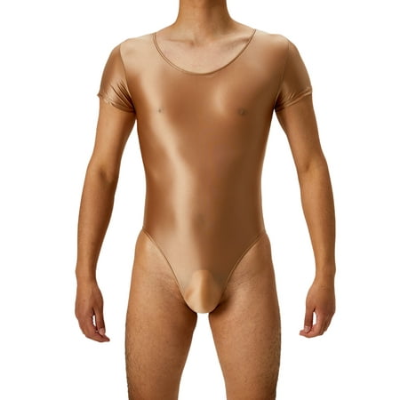 YIZYIF Mens Glossy High Cut Bodysuit Ballet Gymnastics Fitness Sportswear Tight Oil Short Sleeve Thong Leotard Coffee XL