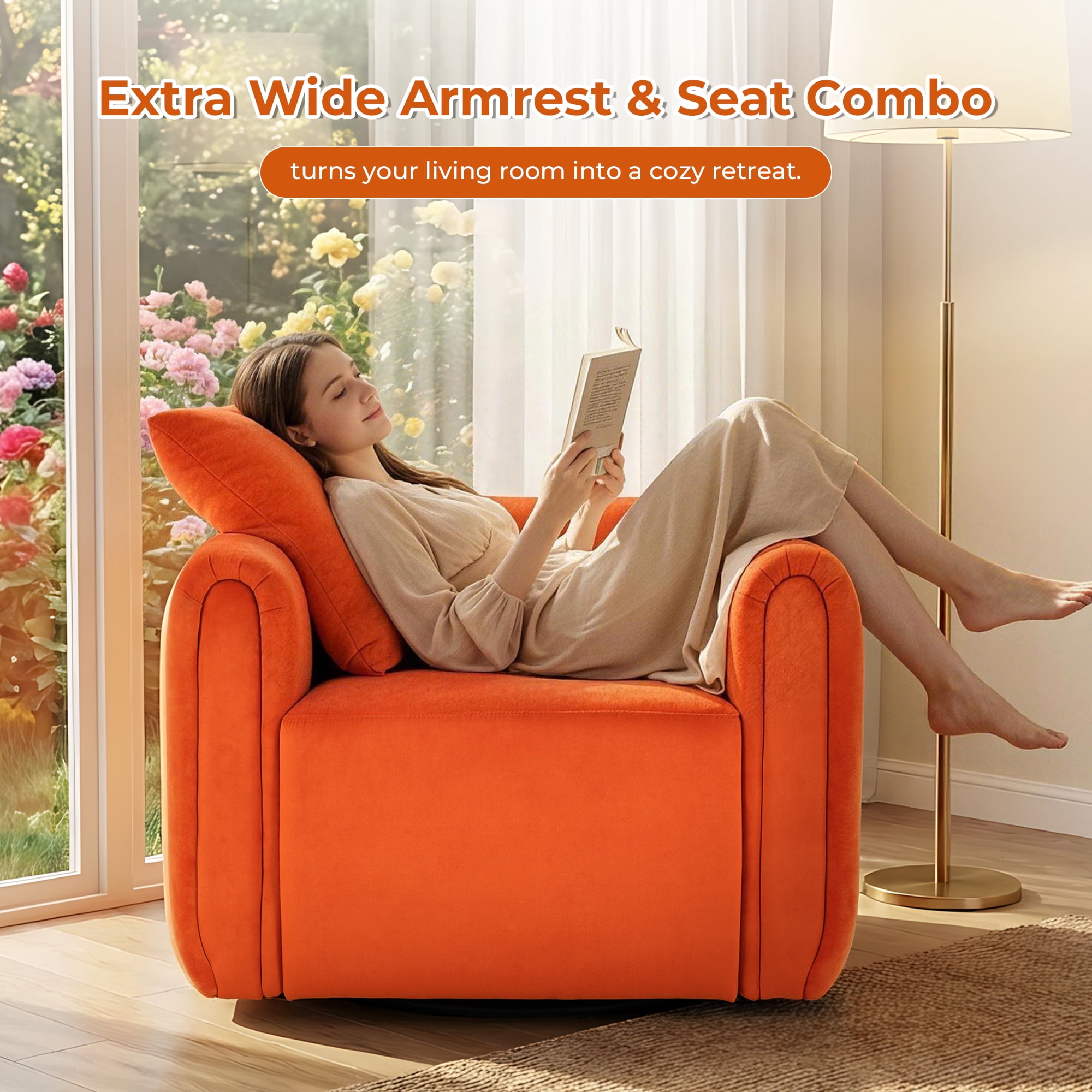 Ebello Swivel Accent Chair, Modern Velvet Living Room Chair with Pillow, Barrel Chair for Bedroom & Reading Corner (Orange,2 Pack，Fully Assembled )