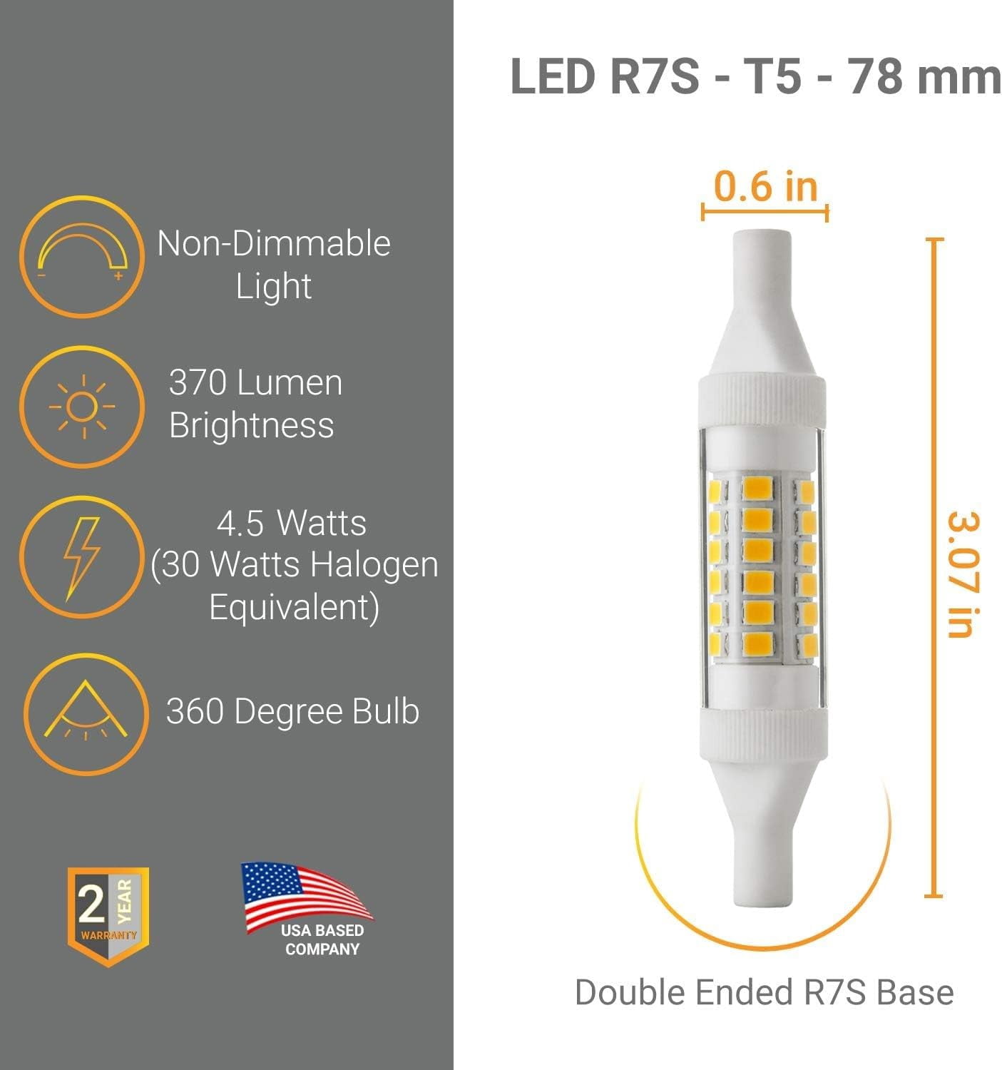 Diodesy- Pack of 5 R7S/LED/4.5W/78MM/T5/30K/CD2 R7S J Type Double Ended Flood Light 78mm, 4.5W (30W Halogen EQ), Non-Dimmable, 3000K Soft White, 370LM, LED Light for Work Security, Landscape Light, UL