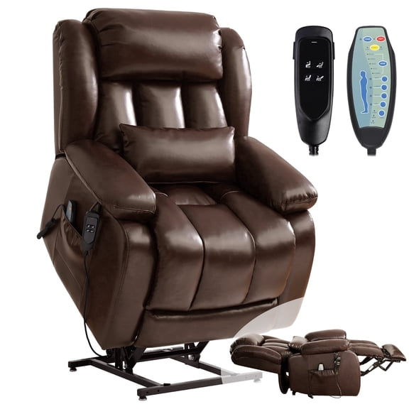 Dual Motor Power Lift Recliner Chair for Elderly, Infinite Position Lay Flat Lift Chair with Heat and Massage, Extended Footrest, USB Ports, Lumbar Pillow, Cup Holders, Brown