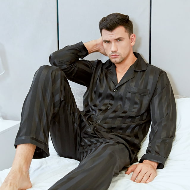 LONXU Men's Pajamas Long Sleeve Silk Satin Luxury Drawstring Nightwear