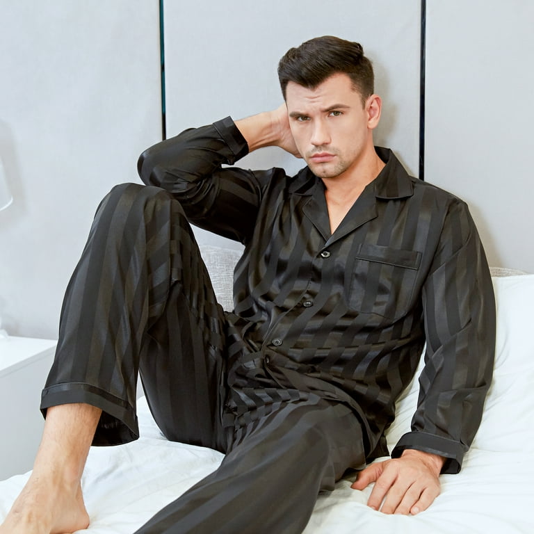 LONXU Men's Pajamas Long Sleeve Silk Satin Luxury Drawstring