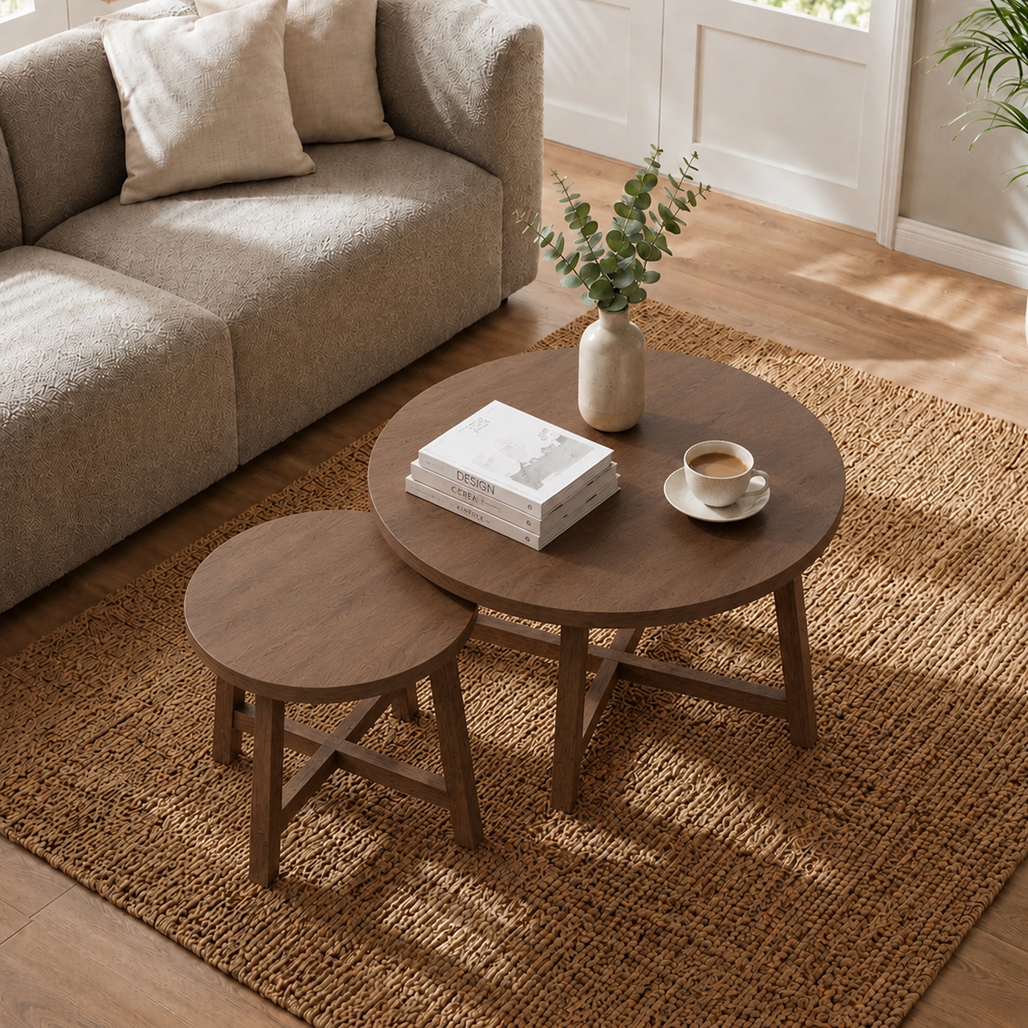 Nesting Coffee Tables Set of 2 Round with Walnut Tone Finish and X-Shaped Frame, Stackable Side Tables and End Tables for Living Room Bedroom, Walnut