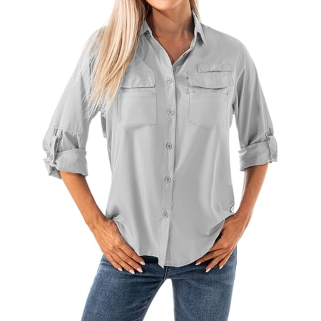 Liyiyiyia Women s Long Sleeve Shirts Button Down Blouse Fishing Safari Shirt with Zipper Pockets Lightweight UV Work Shirts