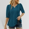 thumbnail image 2 of MIXUE Boho Tops For Women Summer Solid Color V Neck Short Puffed Sleeve Casual T-shirts Outwear,Blue,M, 2 of 6