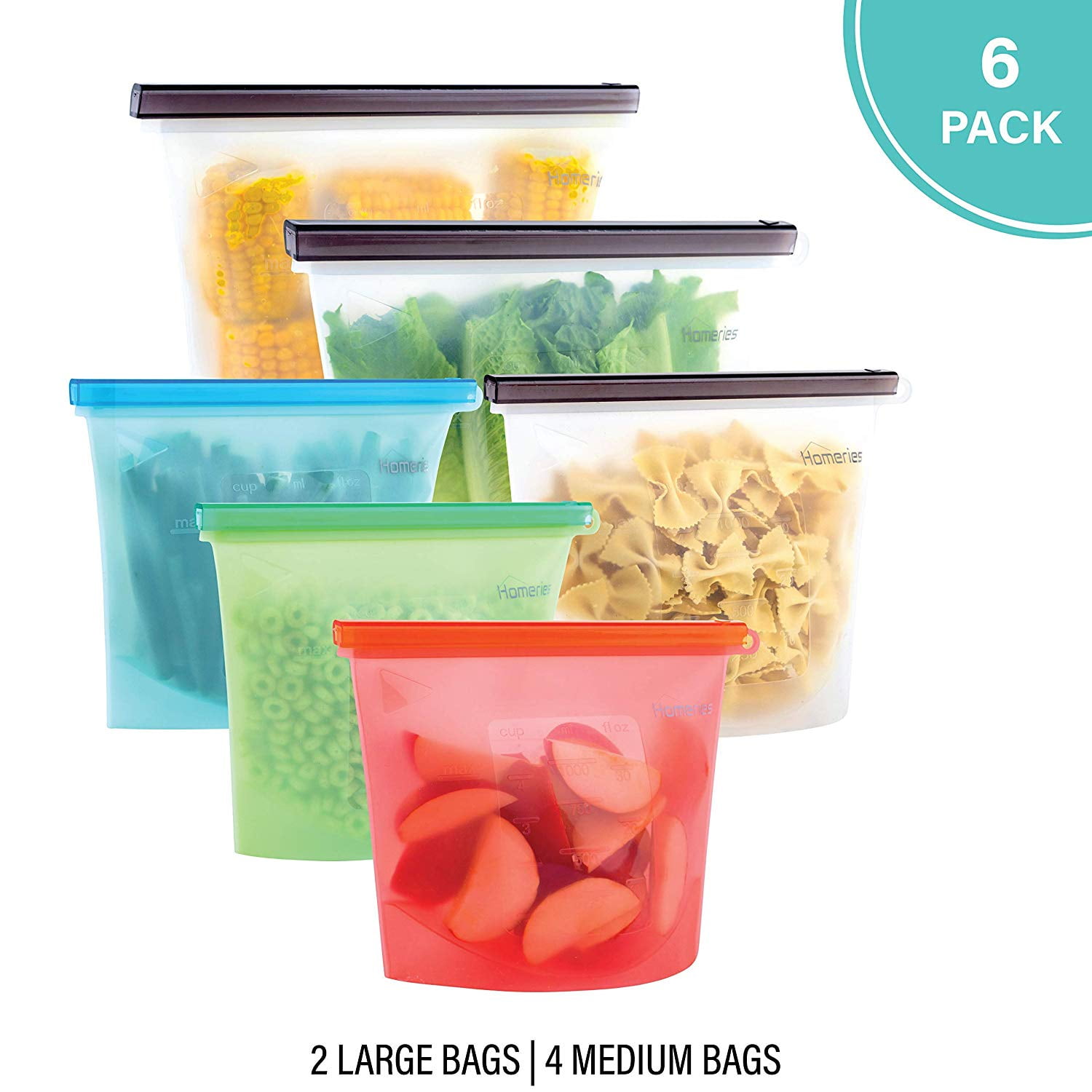 Reusable Silicone Food Storage Bags (2 x Large, 4 x Medium) for