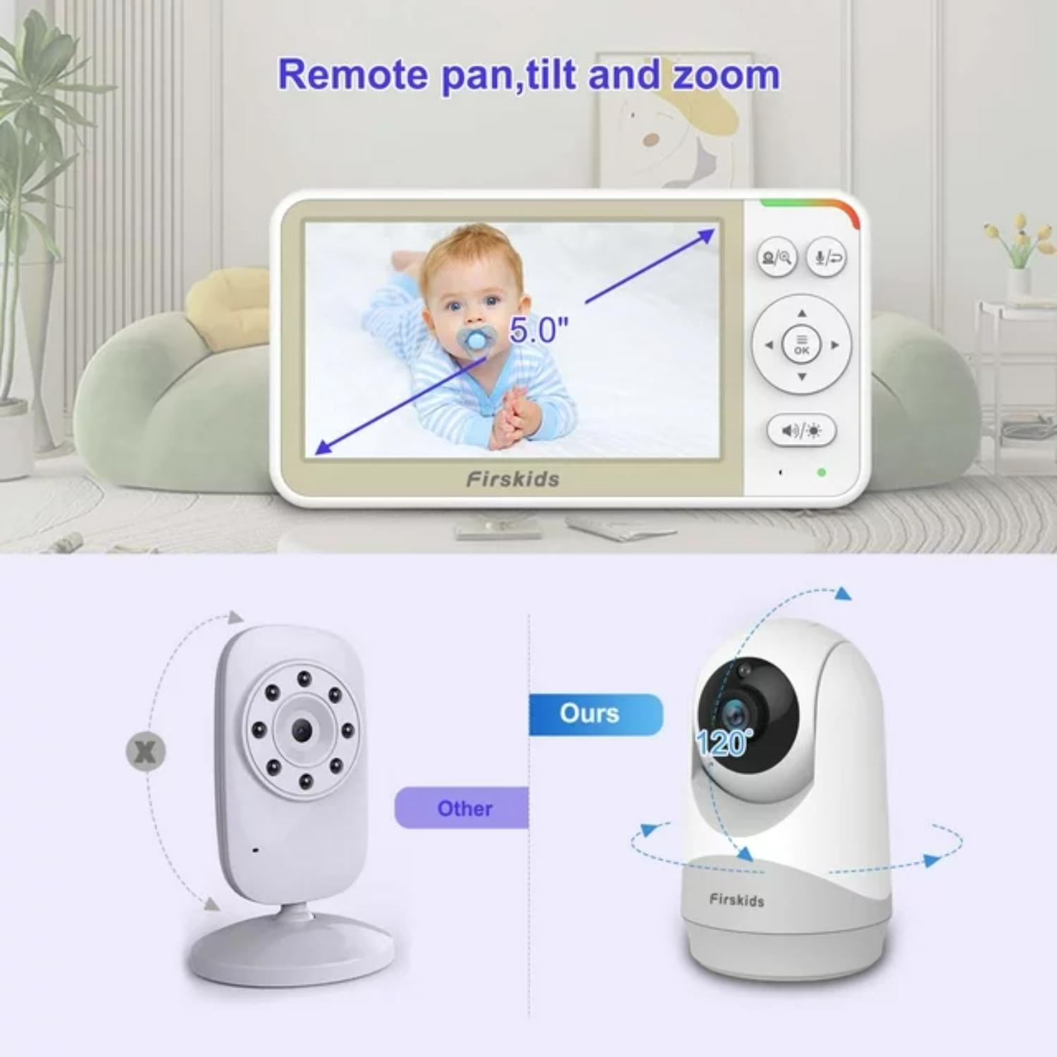 Firskids Video Baby Monitor with Camera and Audio, Baby Monitor with 5" inch LCD Display, 1000ft Range, Lullaby, No Wifi, ECO Mode