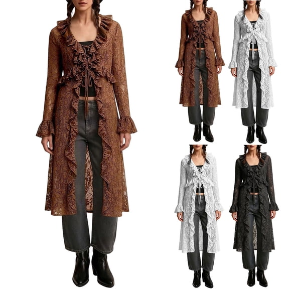 Cardigans for Women, V Neck Long Length Open Front Knit Sweaters with Ruffle Detail & Flare Sleeves, Spring Fall Street Wear | VerBelle,Beige L