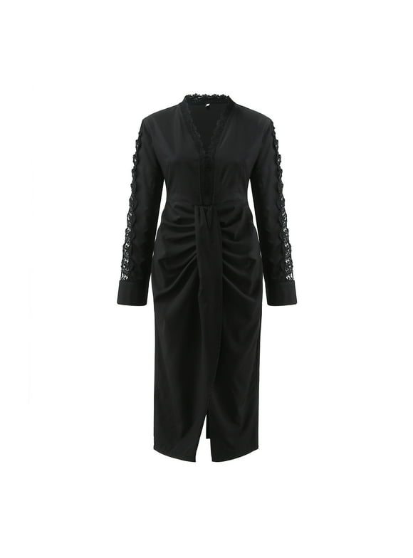 Faxu Feather Mesh Sleeve Sexy Women Dress Deep V-neck Lace Long Sleeve Party Dress Solid Black Bodycon Club Dresses main image 1