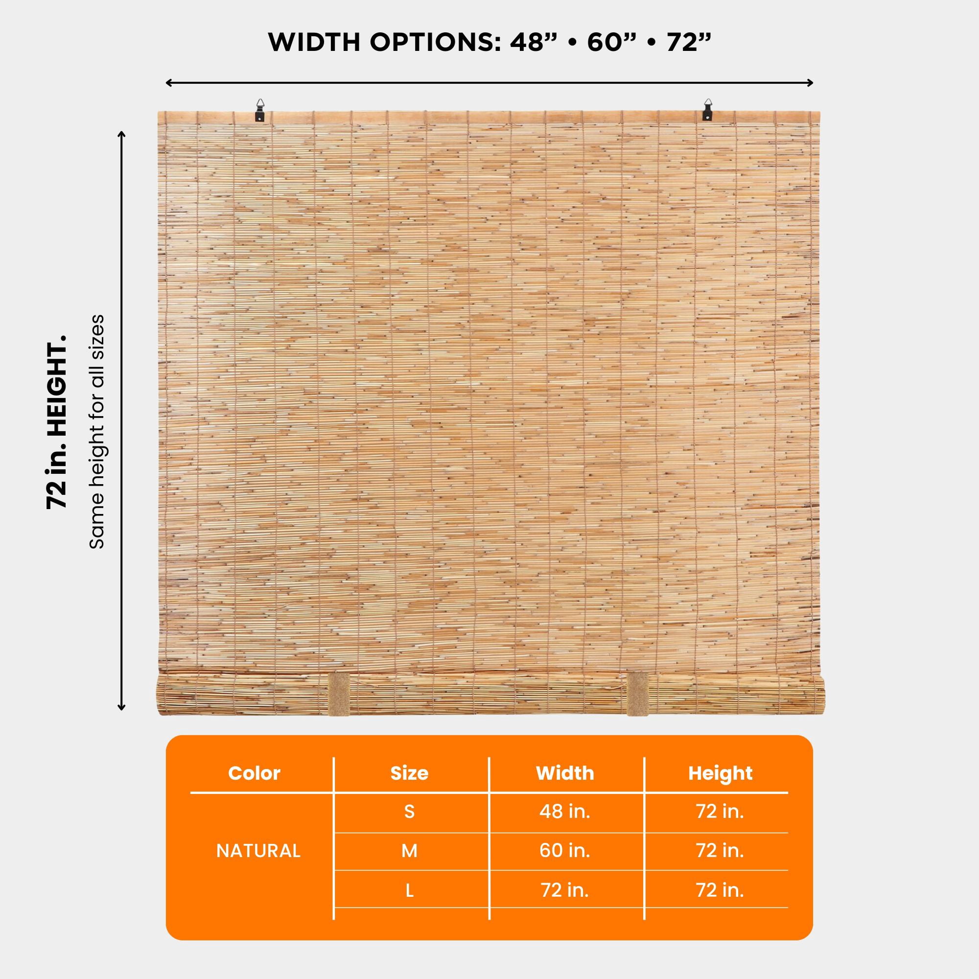 Backyard X-Scapes Reed Blinds Manual Roll-Up Cord Free Roman Shades, Natural, 60" W x 72" H