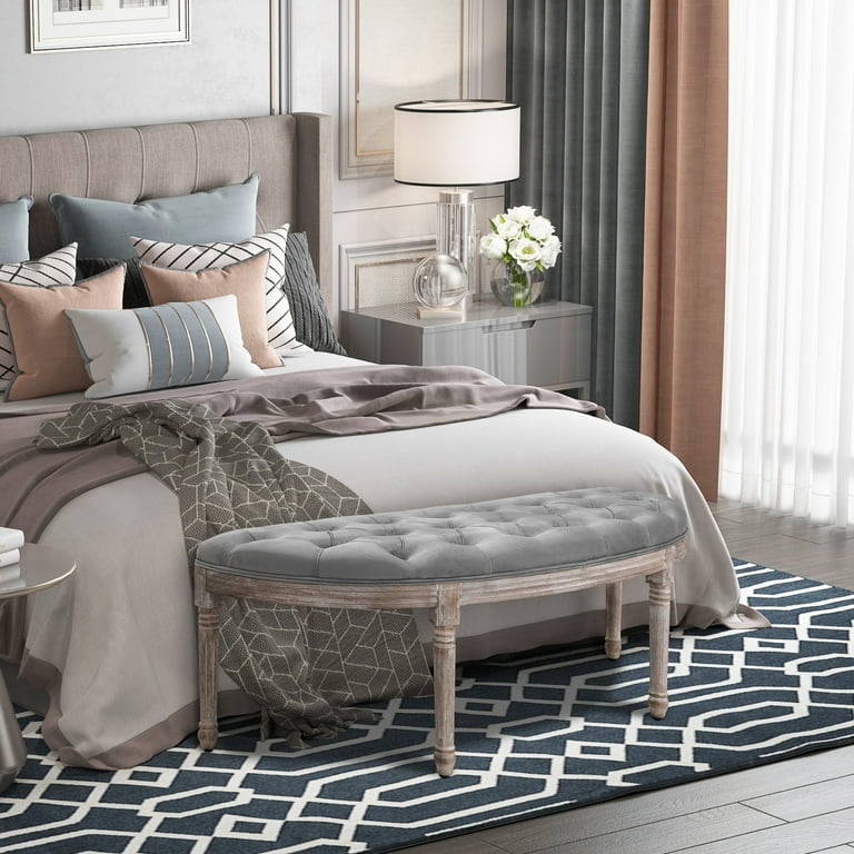 HOMCOM Vintage Semi Circle End of Bed Bench Upholstered Bedroom Entryway Bench with Tufted Velvet Touch Fabric with Rubberwood Legs Gray