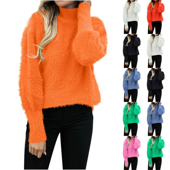 Ashirexll Winter Sweaters Pullover Sweaters for Women Pullover High Neck Solid Color Sweater Warm Round Neck Knit Tops