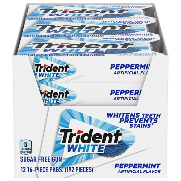 Trident White Peppermint Sugar Free Gum, 12 Packs of 16 Pieces (192 ...
