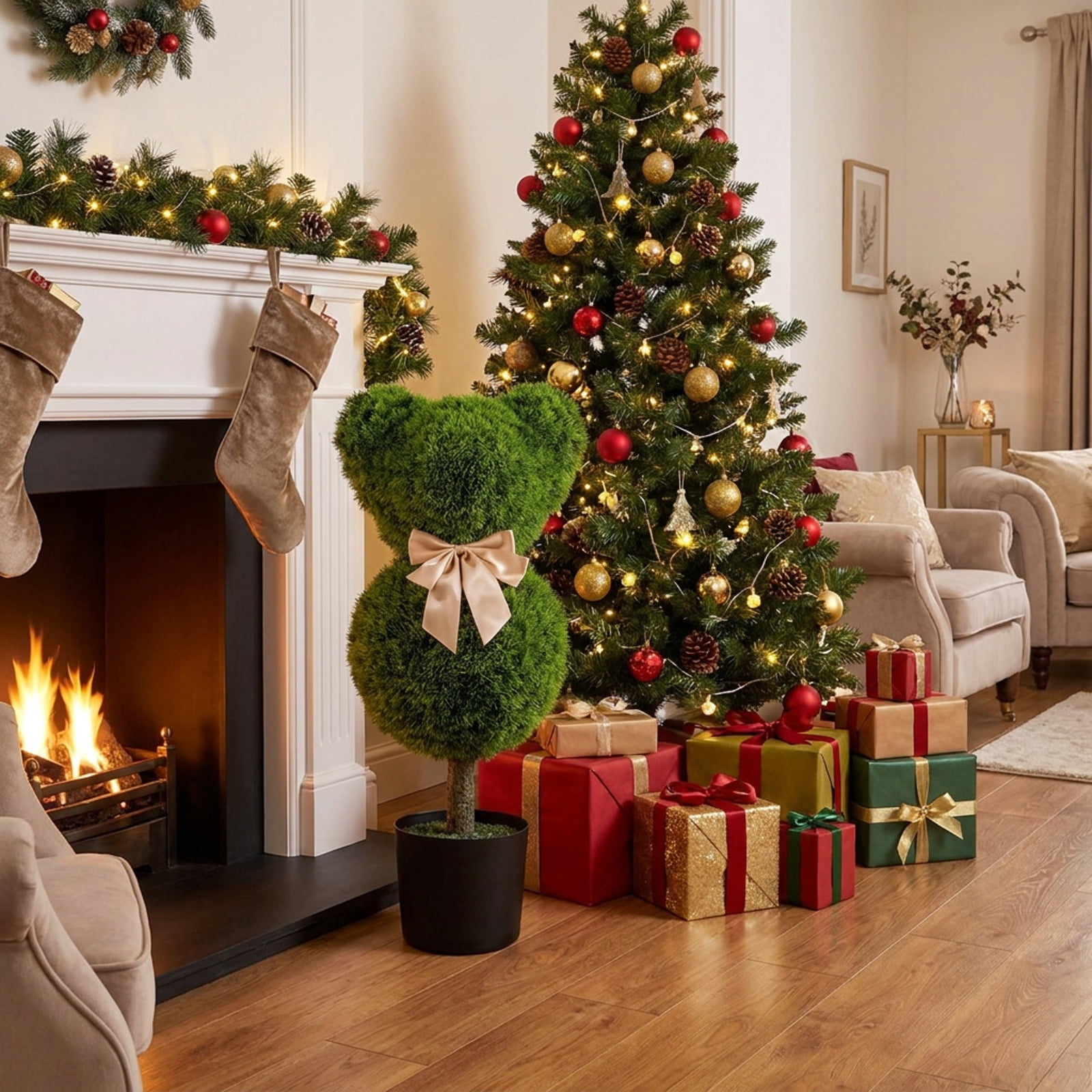 Vebreda Artificial Plant Decor, 2 Pieces Bear Topiary Trees with Pots Sun-resistant Bear-Shaped Boxwood Faux Plants, Charming Bear Design