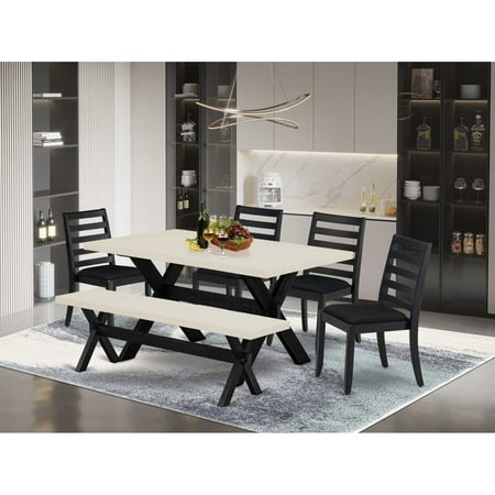 East West Furniture X626X1624-6 - 6-pc dining table set - a dinner table & a bench & 4 stackable chairs with Black Linen Fabric - Wire-brushed Black