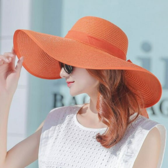 SikaFu Korea Style Women Summer Hat Solid Plain Big Bow Wide Brim Sun Hat Ladies Floppy Beach Cap Hat Packable Female Straw Hat