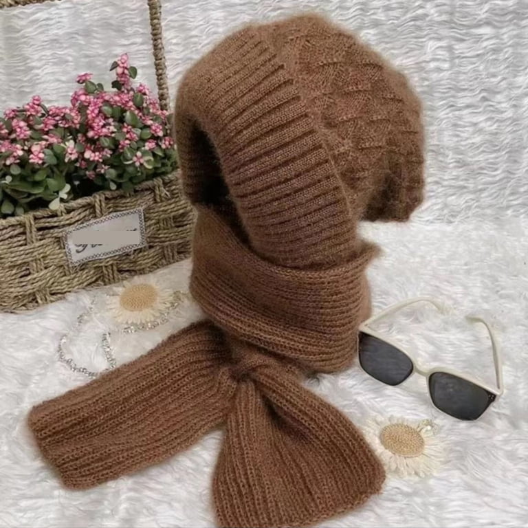 Women Khaki Hooded Scarf Winter Beanie Hats Beanies Knitted Crochet Hat Xfvqtps Womens 2 PCS Beanie Scarf Integrated Knitted Crochet  main image 3
