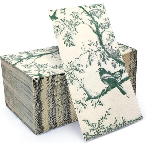 50 Pack Green Toile Paper Napkins, Special Birds and Tree Decorative Disposable Hand Towels for Bathroom Bridal Baby Shower Tea Party Birthday Party Supplies (large, Pack, 50)