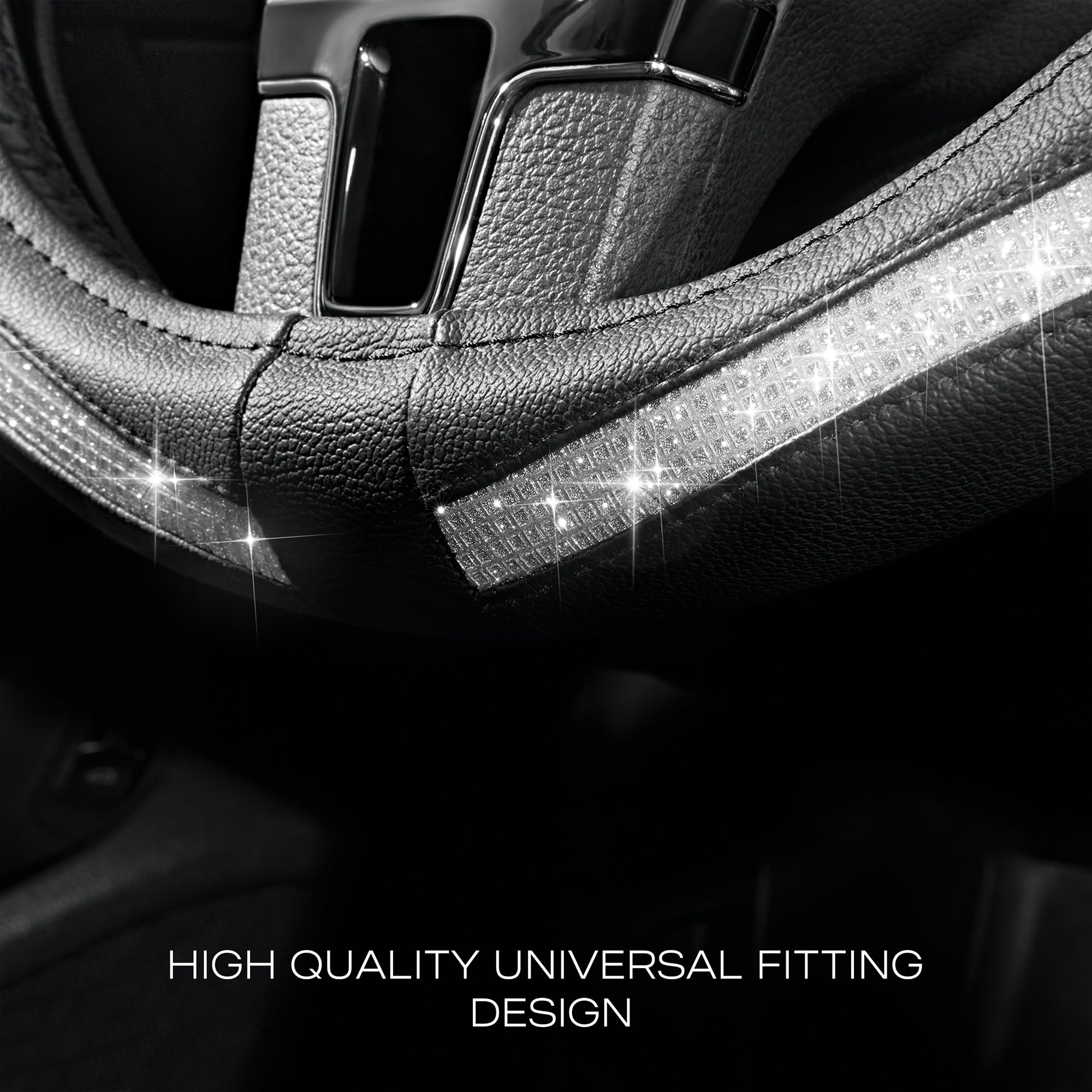 Auto Drive 1Piece Steering Wheel Cover with Silver Diamond Leather Black - Universal Fit, 20WM08
