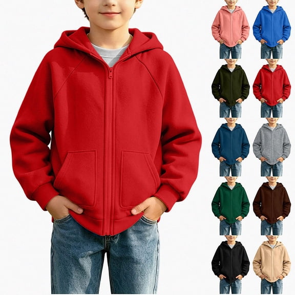 DJDLJWCJ Boys Full Zipper Hoodies Long Sleeve Warm Solid Color Hooded Sweatshirt for Boys Zip Up Jacket Red Size 5T