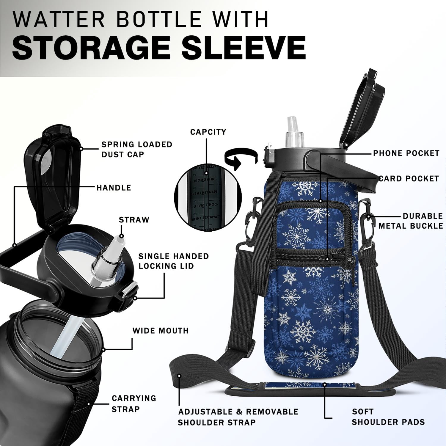 Christmas Snowflake 64 Oz Half Gallon Water Bottle with Sleeve - BPA Free Leakproof Sport Large Plastic Water Bottle with Straw&Time Marker&Insulated Neoprene Holder Carrier Gift for Women Men