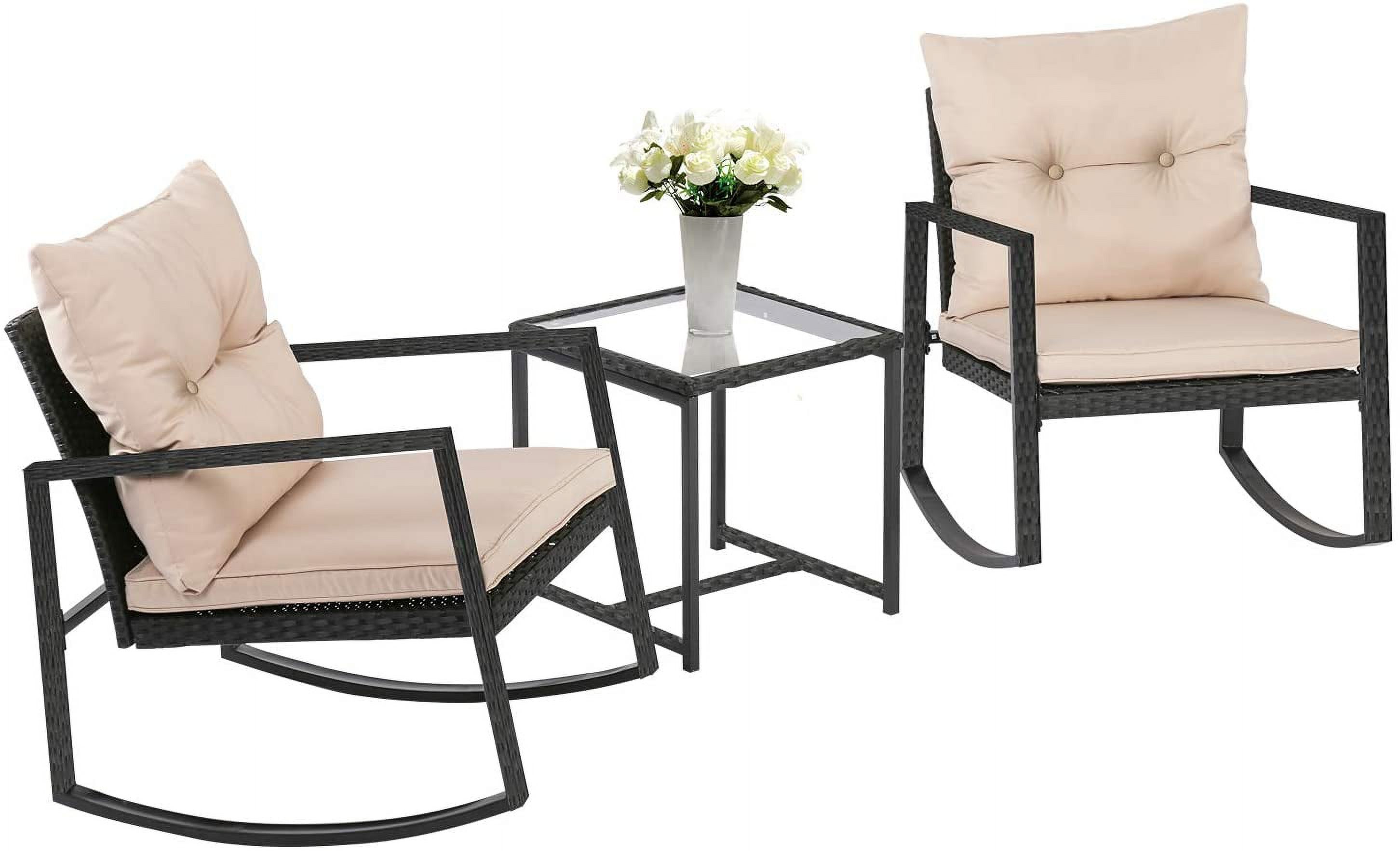 FDW 3 Pieces Wicker Outdoor Set with a High-Quality Tempered Glass Coffee Table, Black, steel, 2 - image 3 of 8