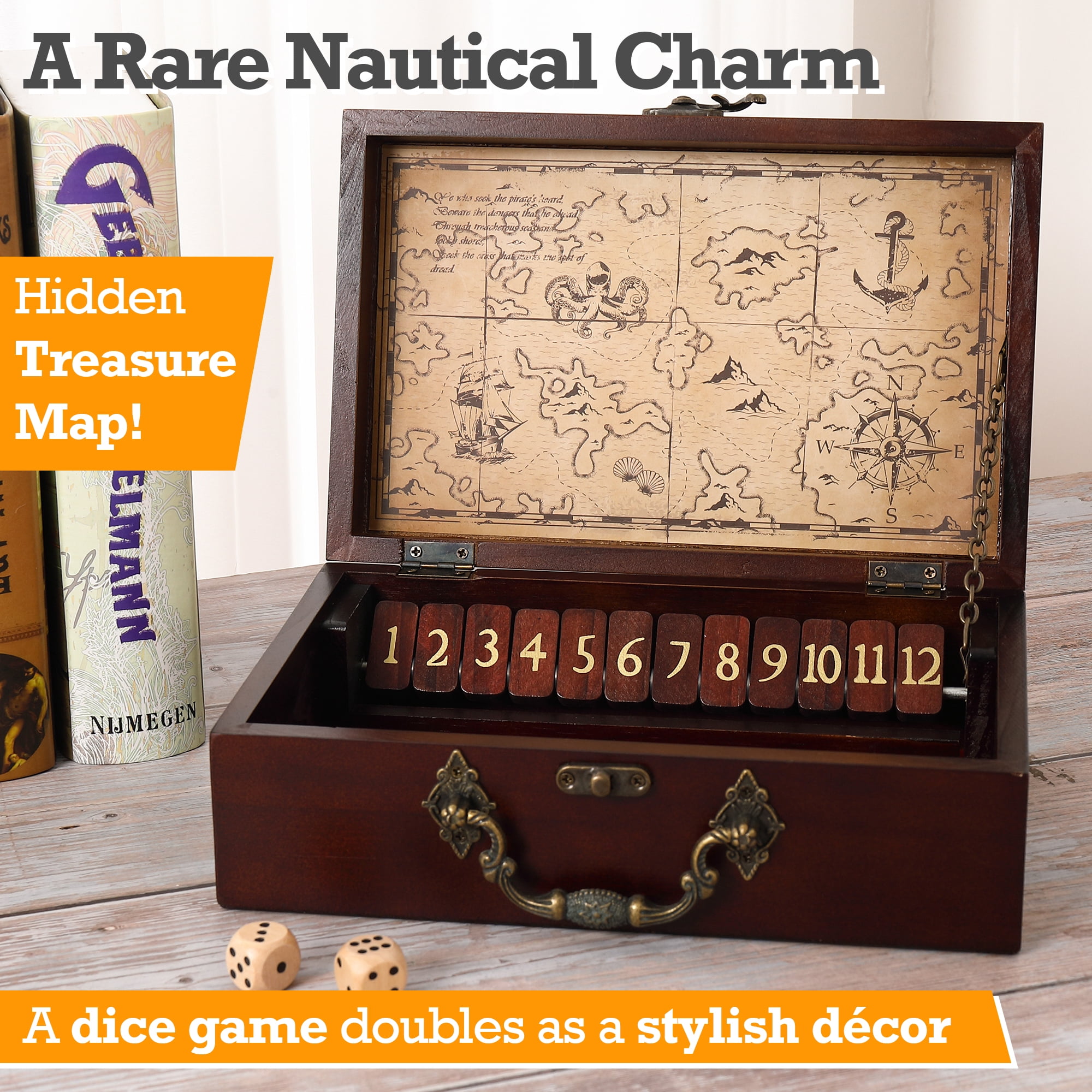 Sterling Games 12 Number Shut the Box Wooden Box Travel Case Nautical Theme Family Dice Game