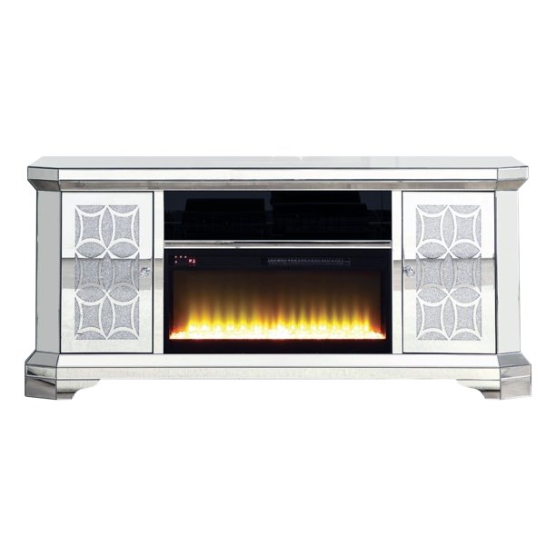 Mirrored TV Stand with Fireplace and 2 Storage Doors, Silver