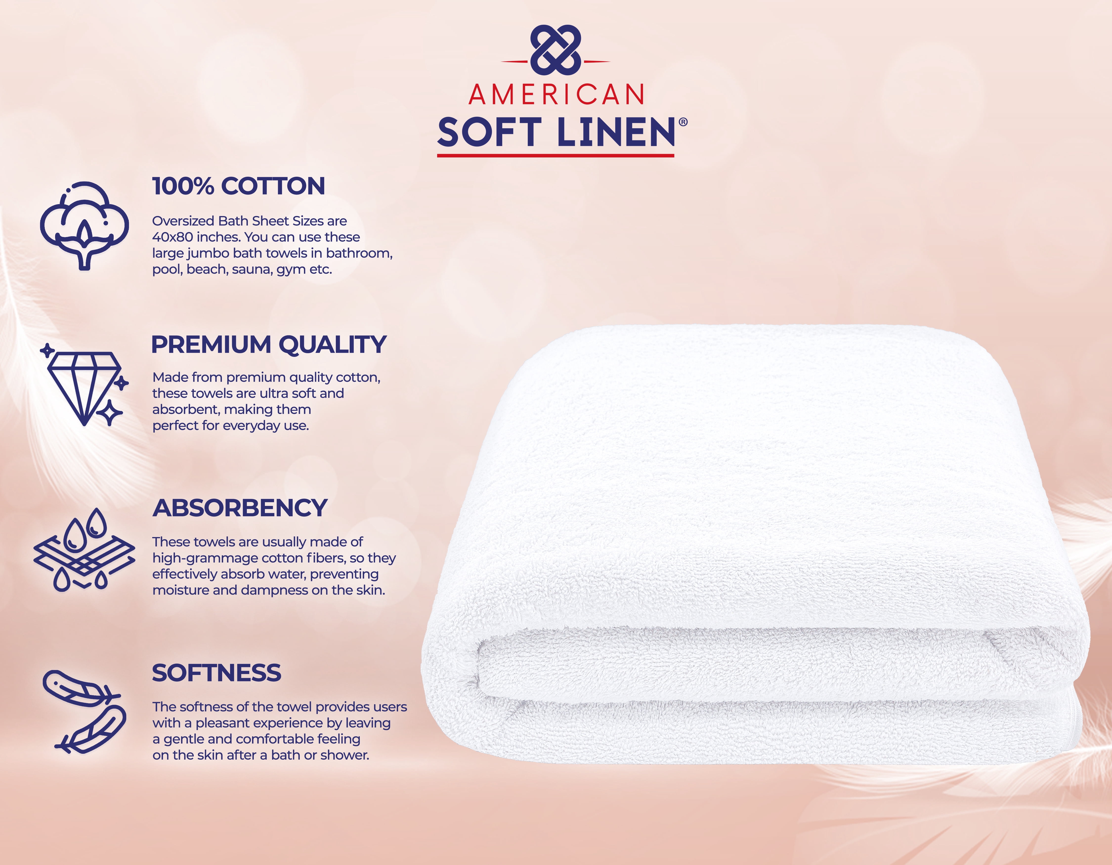 American Soft Linen Luxury 40x80 Oversized Bath Sheet, 100% Cotton XL Turkish Bath Sheet Towel, White