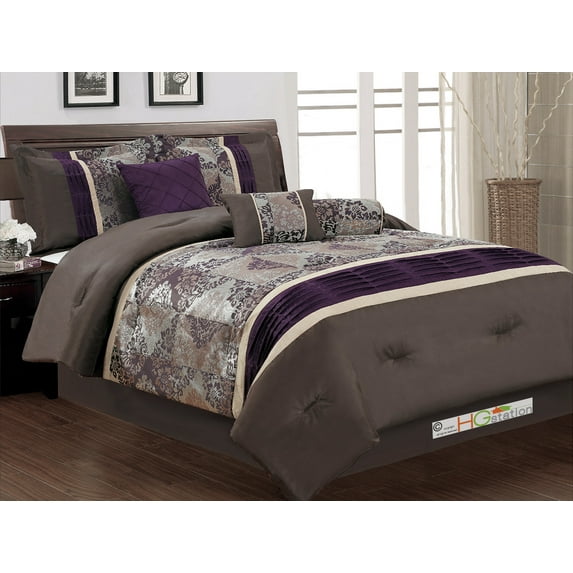 11-Pc Floral Damask Jacquard Patchwork Pleated Comforter Curtain Set Coffee Brown Purple Beige Queen