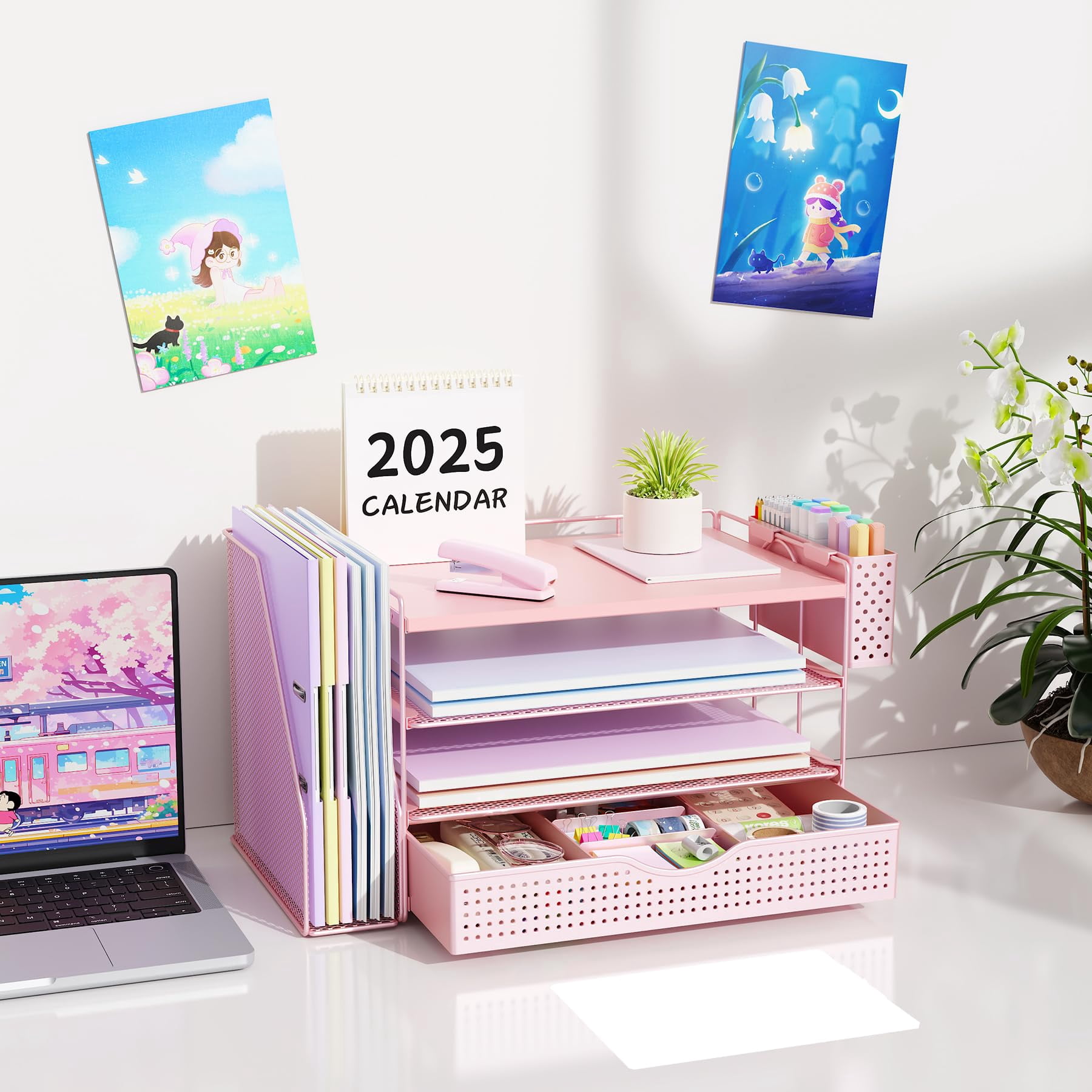 Wood Desk Organizers And Accessories With File Holder  4-tier & Workspace Drawer Pen Paper Organizer For Office Supplies (pink)