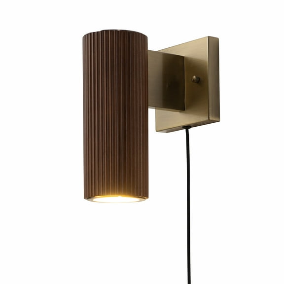 Tambo Wall Sconce Dark Walnut Wood Finish Weathered Brass Dimmer