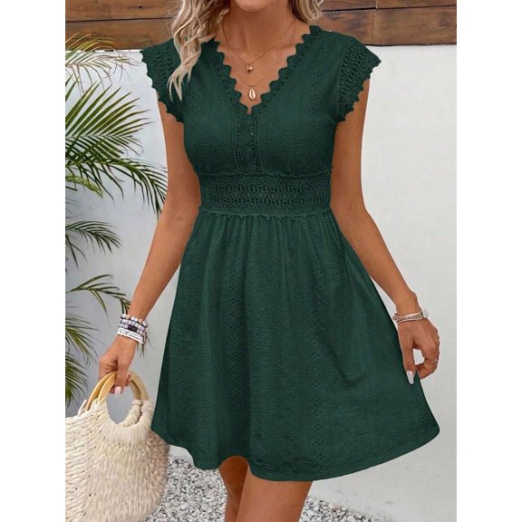 Dark Green Eyelet Lace V-Neck Short Sleeve A-Line Mini Dress