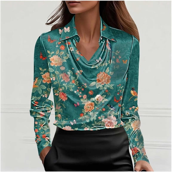 ICHUANYI Womens Long Sleeve Drop Neck Button V Neck Graphic Shirts Dressy Casual Tunic Tops Women Blouses