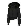 thumbnail image 6 of XFLWAM Women's Cropped Puffer Jacket Faux Fur Hooded Winter Warm Padded Coat Stand Collar Quilted Down Coats with Zip Pocket Black S, 6 of 8