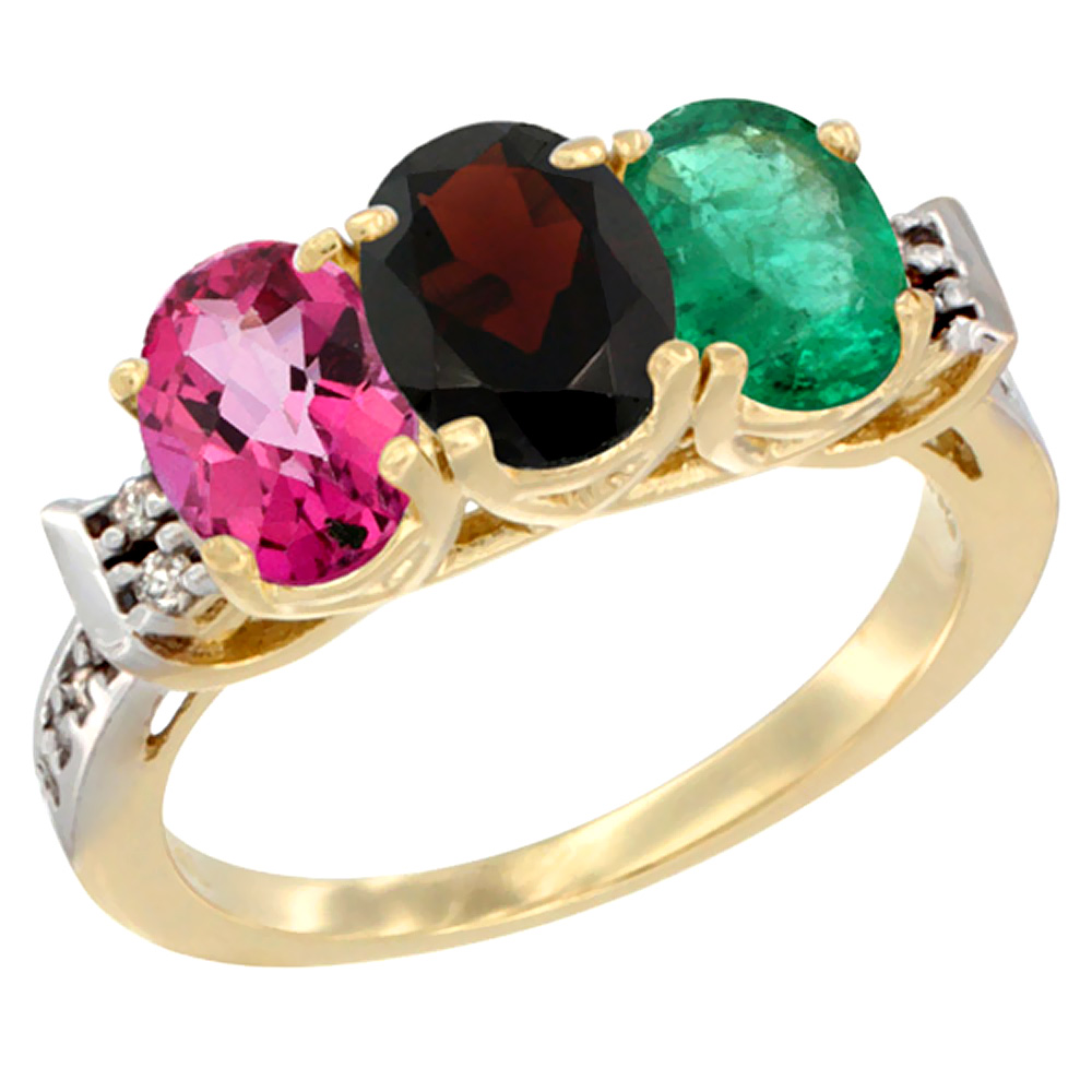 10K Yellow Gold Natural Pink Topaz, Garnet & Emerald Ring 3-Stone Oval 7x5 mm Diamond Accent, sizes 5 10 by WorldJewels