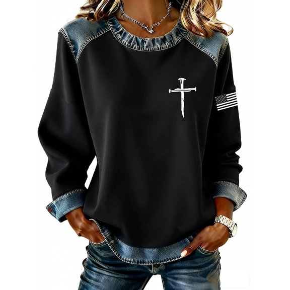 Cross Print Women's Sweatshirt Long Sleeve Crewneck Loose Fit Spring Basic Pullover Sweater Fall Tops