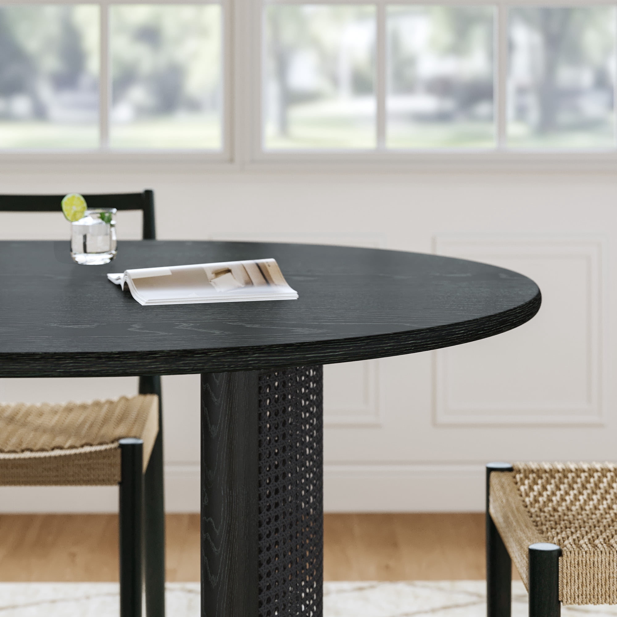 MAYEERTY Modern 67*33.5*30" Oval Black Dining Table with Arc - shaped Rattan Legs, Seats 6