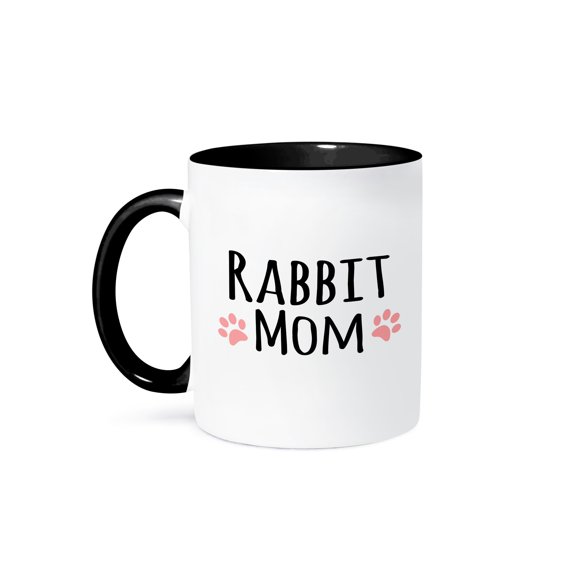3dRose, Rabbit Mom - for female bunny rabbit lovers and girl pet owners - with girly pink paw prints, 11oz Two-Tone Black Mug