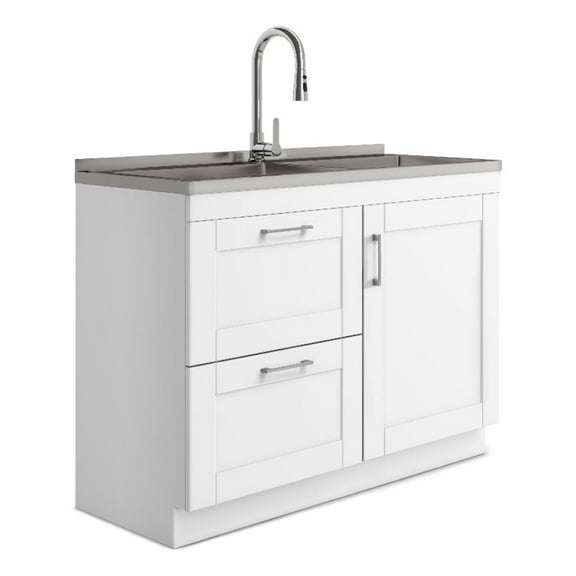 Pemberly Row 46" Laundry Cabinet with Faucet and Stainless Steel Sink in White