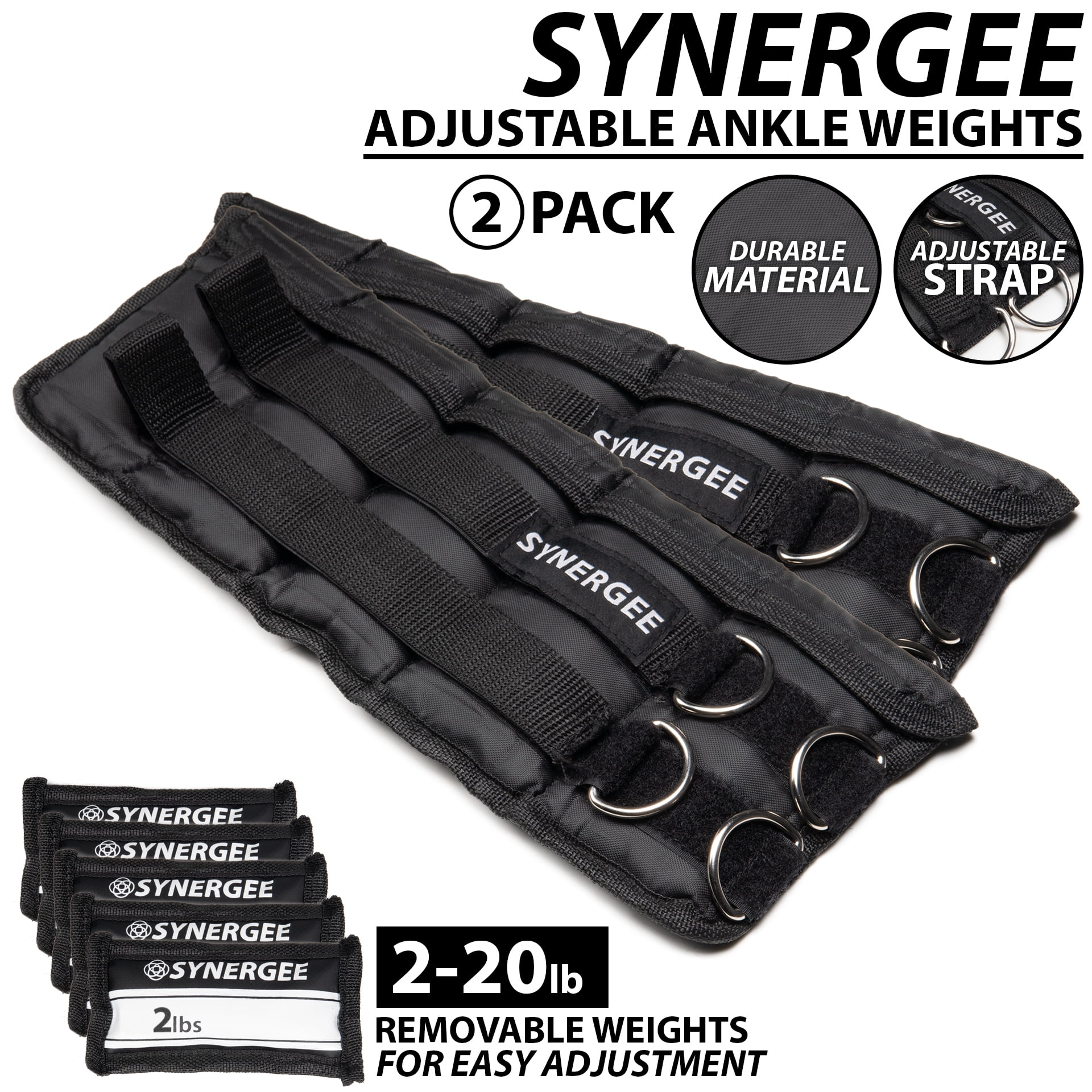 Synergee Comfort Fit 2-20lb Adjustable Ankle/Wrist Weights (Set of 2). One Size Fits All.