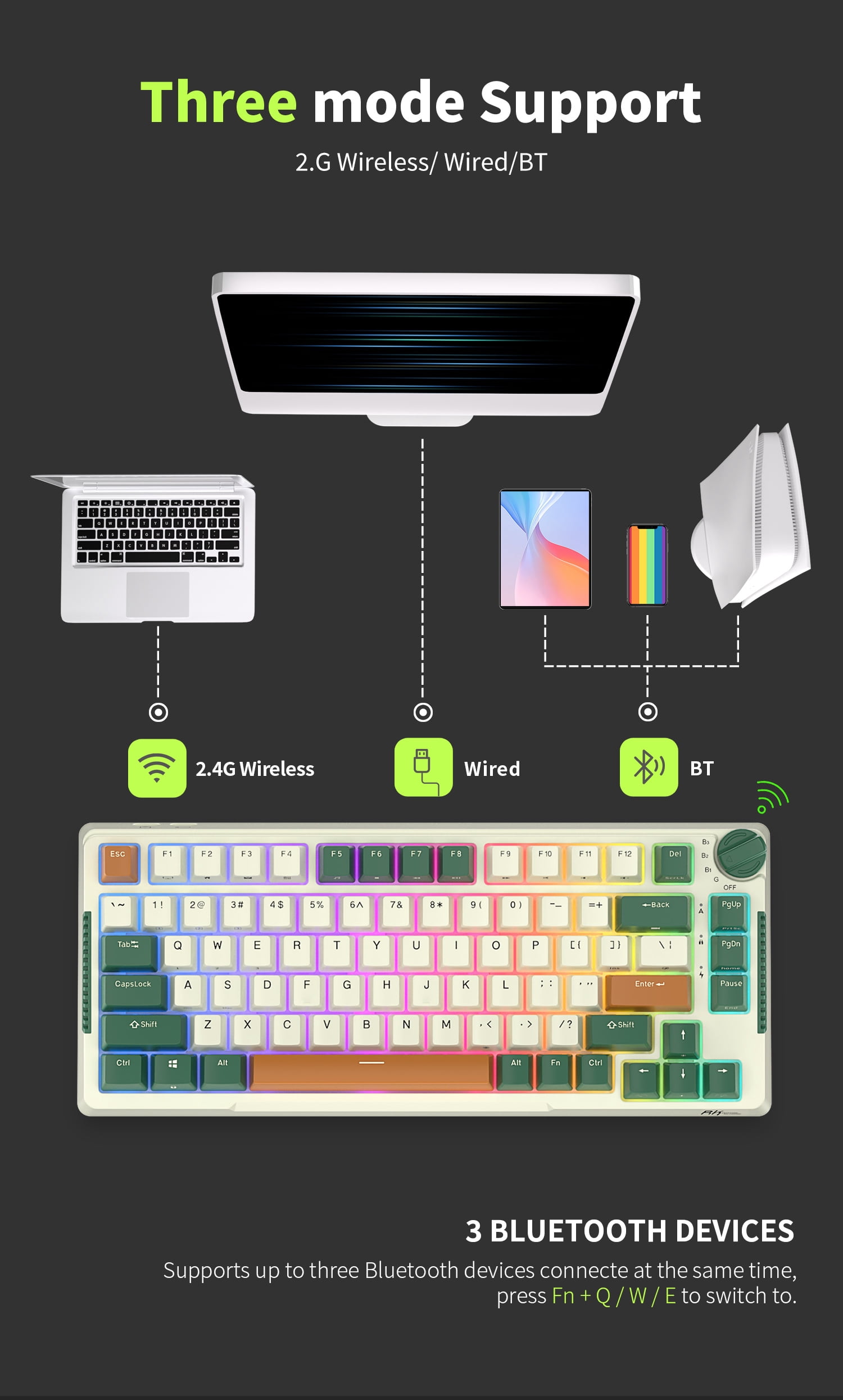 RK ROYAL KLUDGE H81 Hot Swappable Mechanical Keyboard Triple Mode 2.4G Bluetooth USB-C Knob Control Wireless Gaming Keyboard Gasket Mounted with RGB Backlit SkyCyan Switch 75% Layout 81 Keys Green