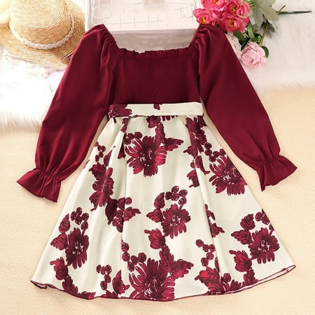 

CaComMARK PI Baby Girl Dress Clearance Little Girls Dresses Cute Floral Print Long Sleeve Casual Puffy Dresses formal Gifts for Girls 9-11 Years Cheapest Items on Sale Red 11Y