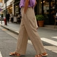 thumbnail image 2 of Plus Size Women's Solid Lace Elastic Waist Long Pants with Side Pockets, Polyester Casual Pants, Mid Waisted Pants, Pants for Women, Straight Leg Dressy Casual Trousers | UKHCCC,Khaki 2XL, 2 of 9