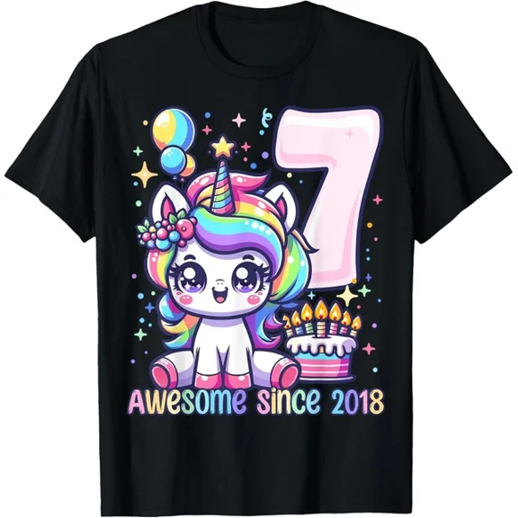 QUNHSHIRT Unicorn 7Th Birthday 7 Year Old Unicorn Party Girls Outfit T-Shirt Unisex S-5XL Hot Trending Shirt, Vintage Birthday Gift