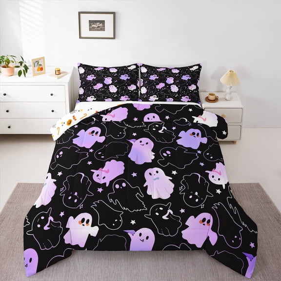 Manfei Purple Funny Ghost Bedding Comforter Set, Halloween Stars Print Twin Comforter Sets, Teens Boys Girls Kids Reversible Bedding Set, Super Cozy Room Decor, 2-Piece