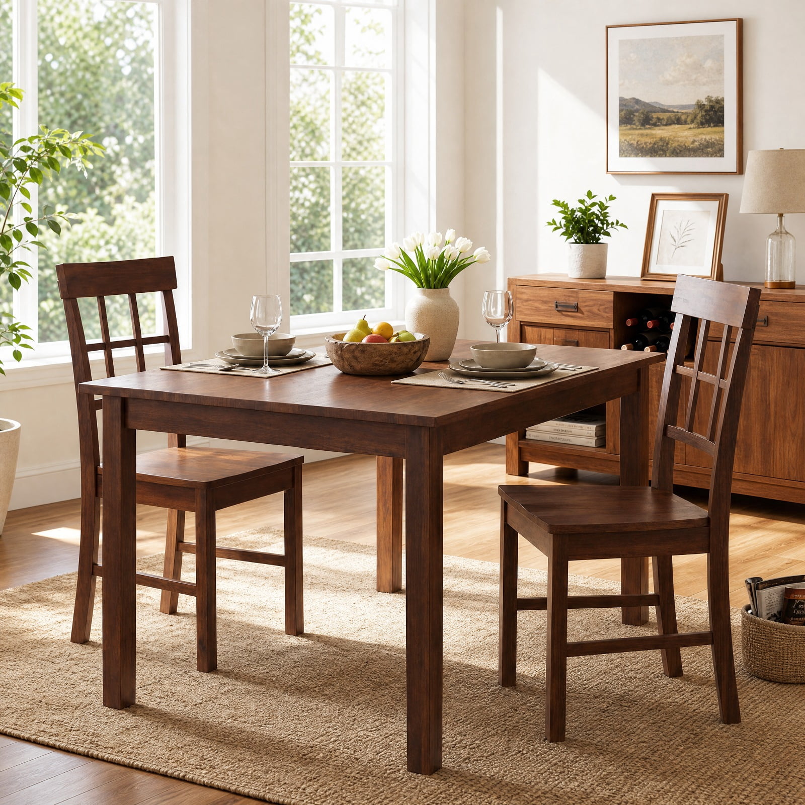 Furnibear Rubber Wood Dining Chairs Set of 2 with High Lattice Backrests for Dining Room Kitchen Study and Reception Room, Brown