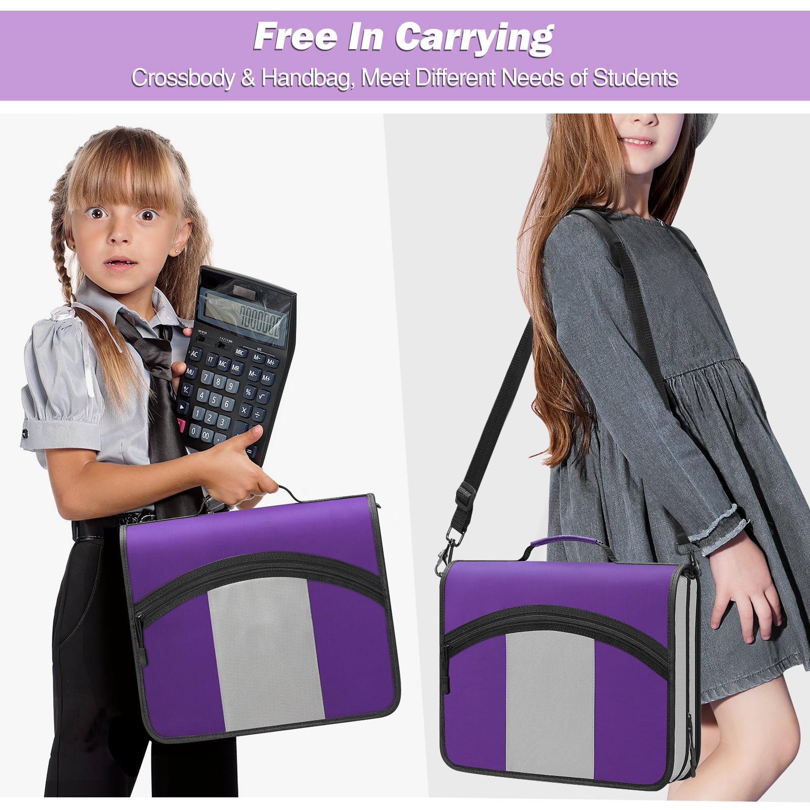 MoKo Zipper Binder 3 inch 3 Ring Binder, 600 Sheet Capacity Multi-Pocket School Binder Organizer with Handle and Shoulder Strap, Purple & Gray