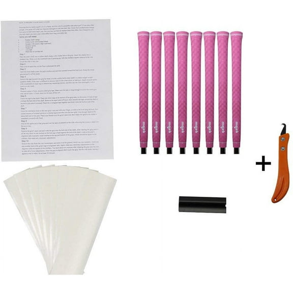 Majek Ladies Tour Pro Pink Undersize Golf Grips and Grip Kit   Utility Hook Blade (8 grips, grip tape, clamp, grip removal hook blade, instructions)